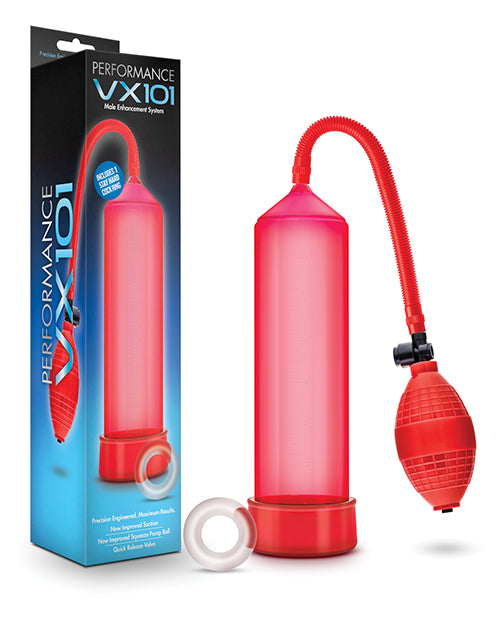 Blush Performance VX101 Male Enhancement Pump with Stay Hard C Ring - Red - featured product image.