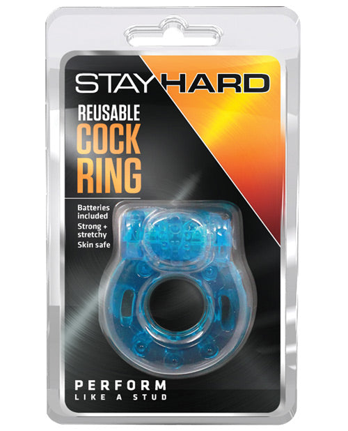 Blush Stay Hard Vibrating Reusable Cock Ring in Blue - featured product image.