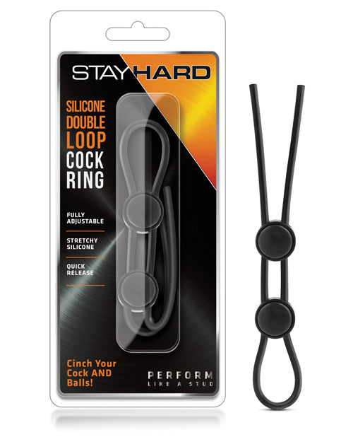 Blush Stay Hard Silicone Double Loop Cock Ring - Black Product Image.