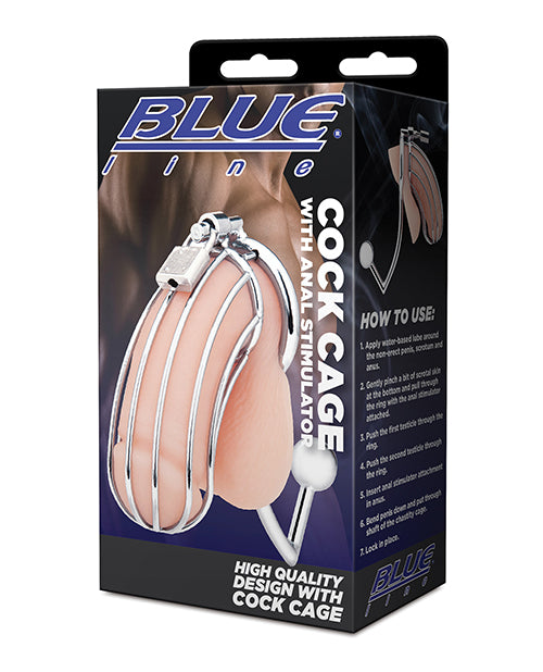 Jaula para el pene Blue Line plateada con estimulador anal - featured product image.