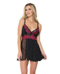 Asymmetrical Skirt with Sheer Panel Babydoll & G-String in Black/Fuchsia