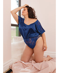 Navy Stretch Satin & Lace Off Shoulder Romper OS/XL