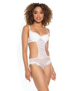 Enchanting White Mesh Ruffled Crotchless Teddy