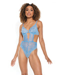 Blue Scallop Stretch Lace & Sheer Mesh Teddy with Front V Cut Out