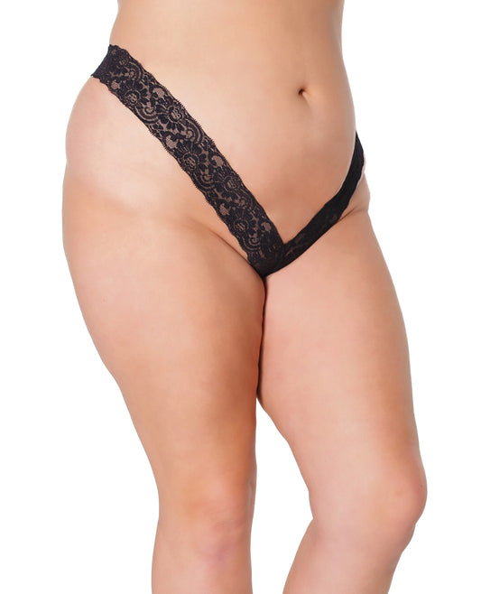 Elegante tanga de pierna alta de encaje negro - OS/XL - featured product image.
