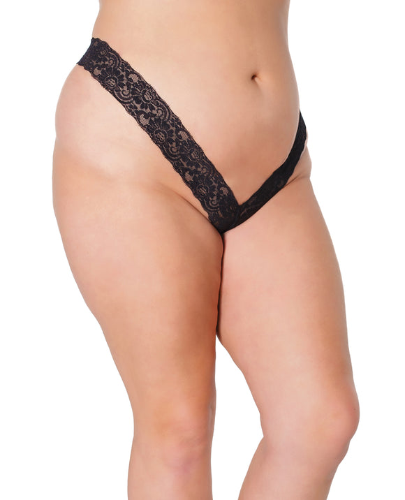 Elegante tanga de pierna alta de encaje negro - OS/XL Product Image.