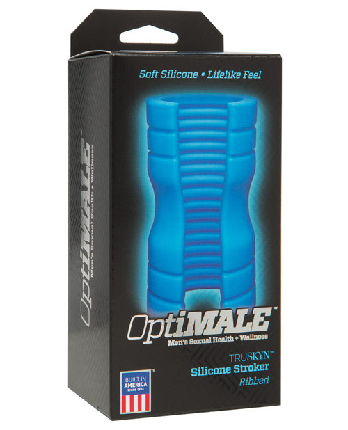 OptiMale Ribbed Blue Silicone Stroker Product Image.