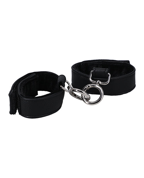 In A Bag Black Vegan Leather Handcuffs with Velvet Lining Product Image.