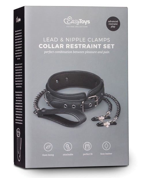 Lujoso collar de piel sintética negro con cadenas para pezones Product Image.