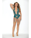 Teal Lace Seduction Bustier & Open Crotch Panty Set