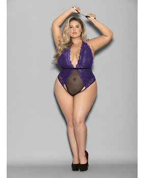 Escante Euphoria Lace & Mesh Teddy with Wrist Restraints - Purple/Black Queen Size - Featured Product Image