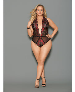 Sultry Adornments Lace Halter Teddy in Black/Red - Plus Size 16-20 D/DD