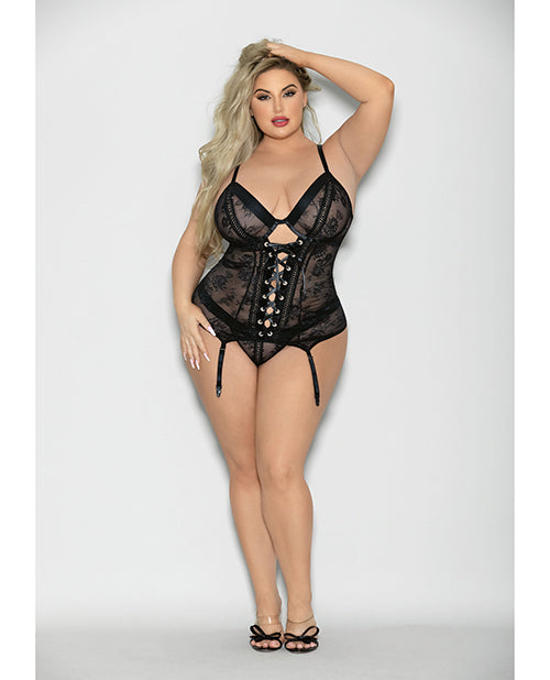 Flame Fetish Lace-Up Bustier & Thong Set - Black 1X/2X Product Image.