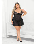 Encantador babydoll negro de encaje con bordado en relieve