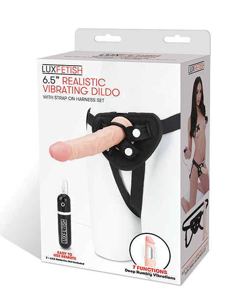 Lux Fetish Juego de consolador vibratorio realista de 6,5" con arnés ajustable - featured product image.