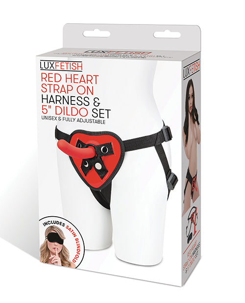 Juego de arnés con correa y consolador de 5 pulgadas con forma de corazón rojo Lux Fetish - featured product image.