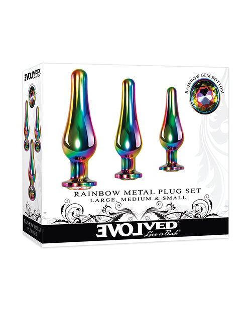 "Juego de plugs metálicos arcoíris evolucionados: placer anal de lujo" Product Image.