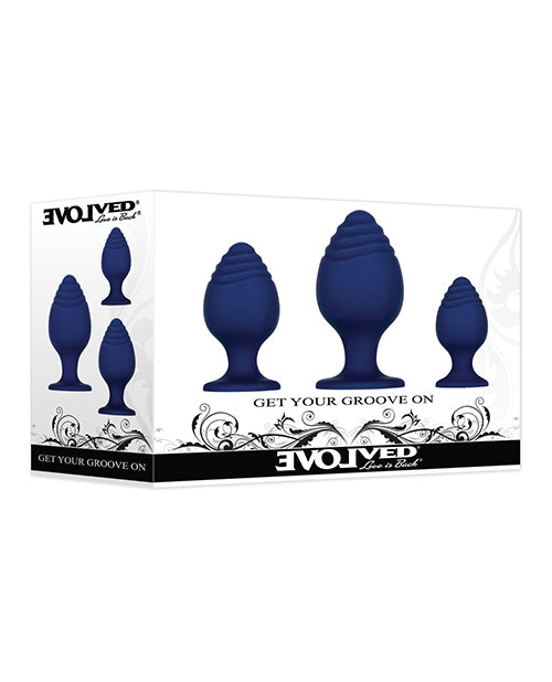 Evolved Get Your Groove on Juego de tapones anales de silicona de 3 piezas en azul Product Image.