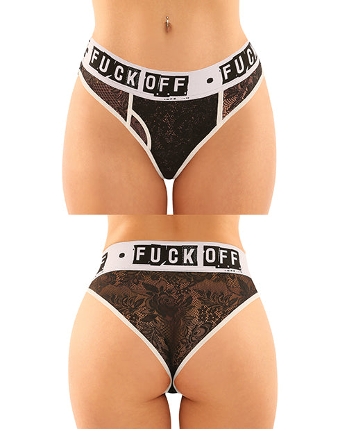 Vibes Buddy Fuck Off Conjunto de braguita de encaje para niño y tanga de encaje en negro - featured product image.