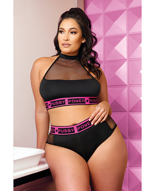 Conjunto de top halter negro de microred y pantalones cortos estilo botín Pussy Power de Vibes Product Image.