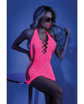 Neon Pink Glow Black Light Halter Dress