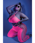 Bodystocking con cuello halter y luz negra brillante, rosa neón