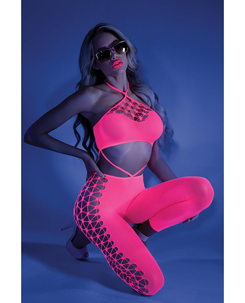 Neon Pink Cutout Halter Bodystocking - featured product image.