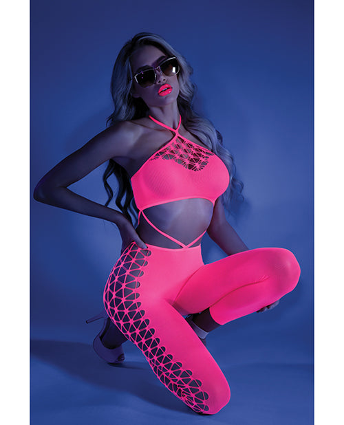 Bodystocking con cuello halter y recorte en rosa neón Product Image.