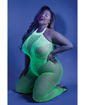 Bodystocking sin entrepierna con luz negra y brillo verde neón para reinas con curvas