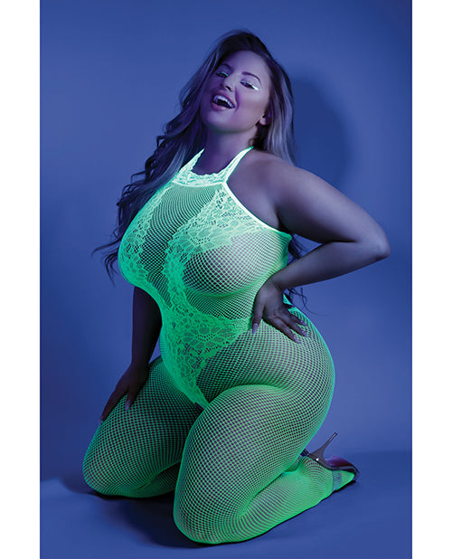 Neon Green Glow Black Light Crotchless Bodystocking - Curvy Queen Delight - featured product image.