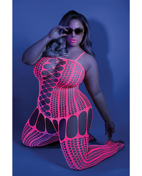 Glow Black Light Criss Cross Paneled Bodystocking Neon Pink QN - Featured Product Image