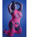 Conjunto de bodystocking y tanga con cuello halter en rosa neón