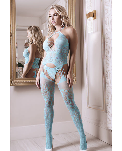 Body y braguitas con liga y encaje floral de fantasía transparente - Azul claro Product Image.