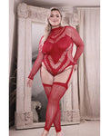 Sheer Infatuation Red Long Sleeve Teddy with Footless Stockings