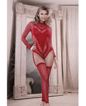 Sheer Infatuation Teddy rojo de manga larga con medias sin pies