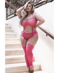 Sheer Afterglow Cut Out Teddy with Attached Footless Stockings in Berry Pink