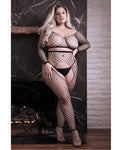 Rhinestone Fishnet Long Sleeve Top & Crotchless Tights Set in Black