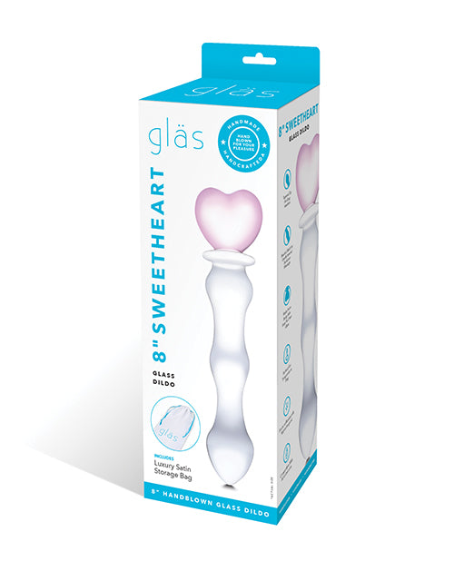 Glas 8" Sweetheart Glass Dildo - Pink/Clear: Sensual Curves, Temperature Play, Heart Handle - featured product image.