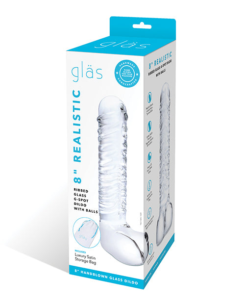 Consolador Glas de punto G de vidrio acanalado realista de 8" - Transparente - featured product image.