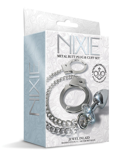 Juego de plug anal de metal y puños de piel Nixie - Plata metalizado 🌟 Product Image.
