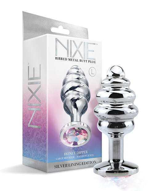 Nixie Rainbow Jeweled Ribbed Metal Butt Plug - Medium - featured product image.