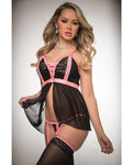 Pinklicious Lace & Sheer Babydoll Set with Garter Panty & Stockings