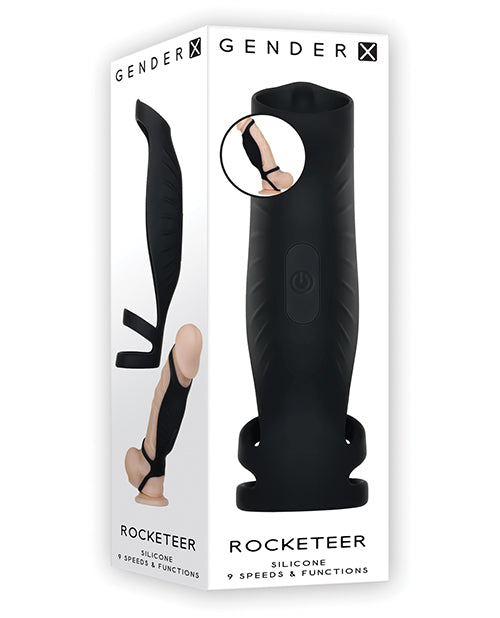 Gender X Rocketeer Black Vibrating Cock Sheath: Innovative Triple Ring Design & 9 Speeds - featured product image.