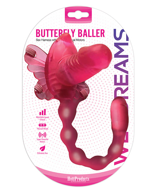 Arnés sexual Wet Dreams Pink Butterfly Baller: motores duales intensos y estimulación versátil Product Image.