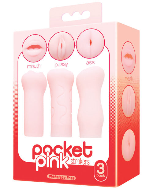 Icon Brands Pocket Pink Strokers paquete de 3: masturbadores portátiles de placer para llevar - featured product image.