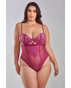 Elegant Wine Lace & Mesh Teddy - Size 1x