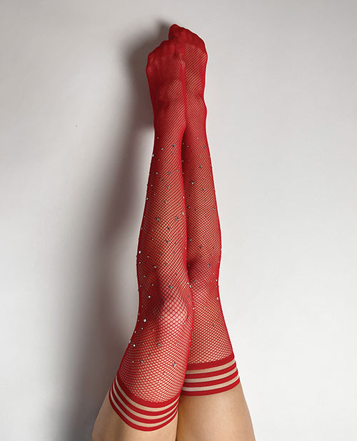 Kix'ies Joely Red Rhinestone Fishnet Thigh Highs - featured product image.