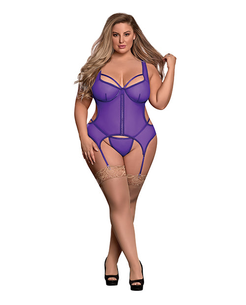 Seductive Purple Sheer Mesh Merry Widow & Crotchless G-string Set Product Image.