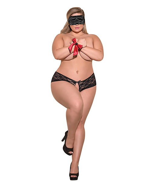 Love & Bondage Split Back Lace Booty Short, Blindfold & Wrist Ties Set Product Image.