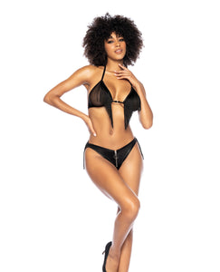 Fringe Halter Top & Open Back Bottom Set in Black